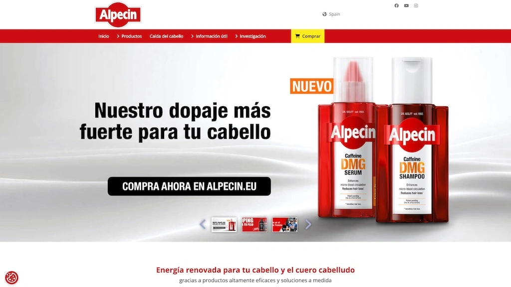 Screenshot of the Alpecin Spain homepage